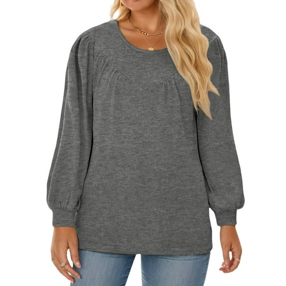NISVIYA Womens Plus Size Tops Fall Casual Loose Fit Crew-Neck Tees Lightweight Puff Sleeve Sweatshirts