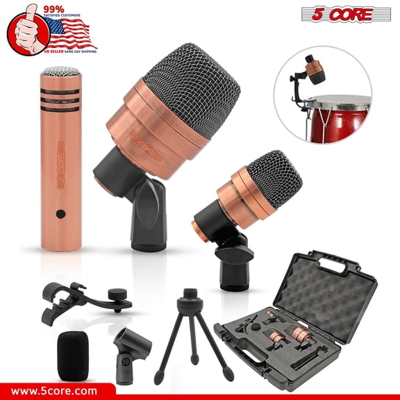 3XP Copperex Professional XLR Cardioid Mic Kit 3-Piece Condenser Set for Conga, Snare, Tom (50Hz-18KHz) w/ Tripod, Mounts & Windscreen