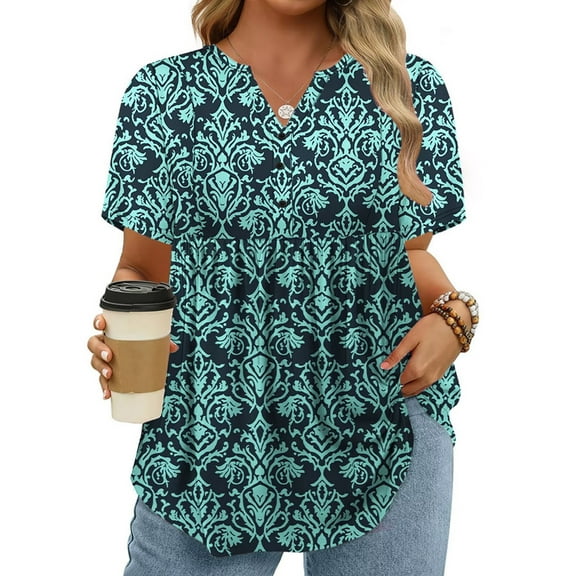 3Xl Womens Tops Plus Size Swing Pleated Tunics Cute Short Sleeve 2025 Basic V Neck Floral Print T Shirts YH002