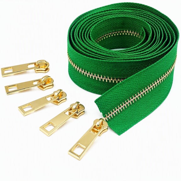 3Yard 5# Grass green Tape with 6 Pulls Brass Metal Teeth Zipper Set For Leather Craft, Bag Repair and Sewing DIy