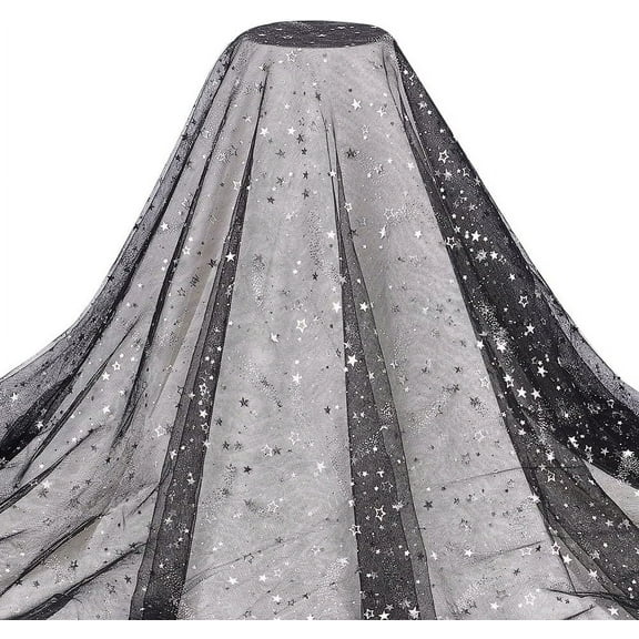 3Yard Black Sequins Star Lace Fabric 59" Silver Stamping Star Mesh Lace Fabric for DIY Handmade Clothing Wedding Dress Home Decor 0.4mm Thick diy Black