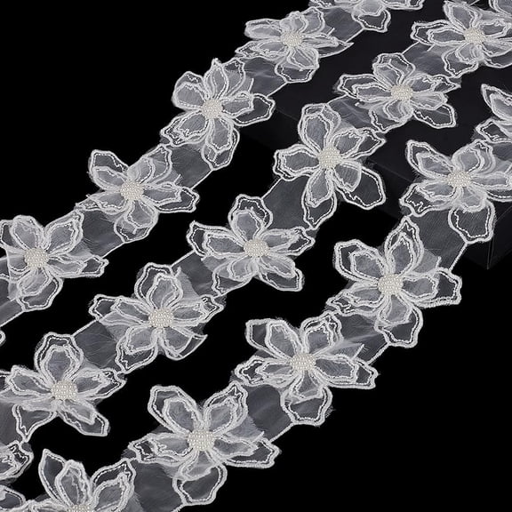 3Yards White Flower Lace Pearl Trim 75mm Organza Flower Trim Embroidered Sewing Lace Applique for Wedding Dress Embellishment DIY Dress Gowns Home Decor Floral Design Hair Accessories