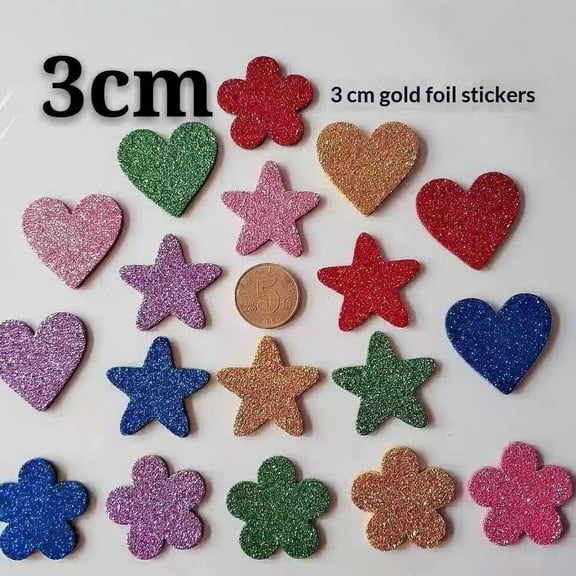 3cm Colorful Flashing Foam Sticker Self-Adhesive Starry Mini Heart-Shaped Flashing Stickers, Children’s Art Craft Supplies, Gift Cards, Home Decoration, Stars and Hearts.