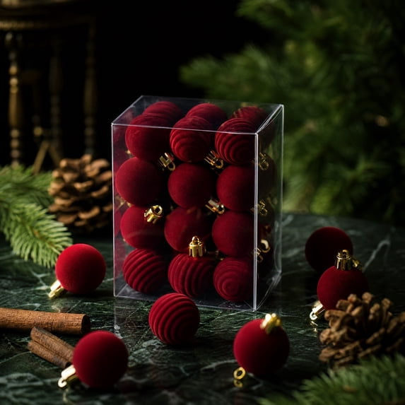 3cm Mini Flocked Velvet Christmas Balls 30Pcs Ribbed Solid Shatterproof Small Baubles for Mini Xmas Tree Garland Window Decor