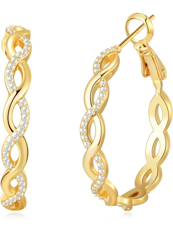 3cm Stainless Steel Twisted Infinity Cubic Zirconia Hoop Earrings, 2 Tones Gold & Silver Huggie Click Hoops Hypoallergenic Jewelry Gift for Women Gi