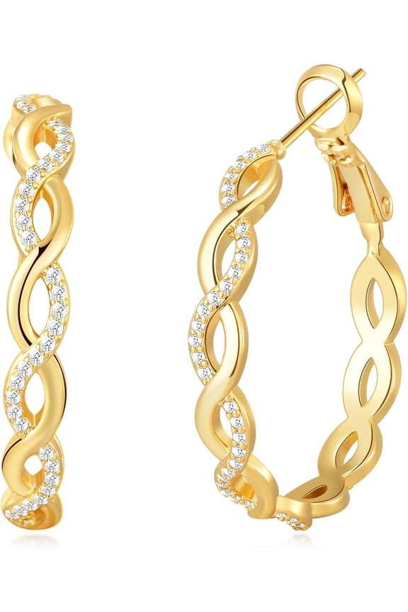 3cm Stainless Steel Twisted Infinity Cubic Zirconia Hoop Earrings, 2 Tones Gold & Silver Huggie Click Hoops Hypoallergenic Jewelry Gift for Women Gi