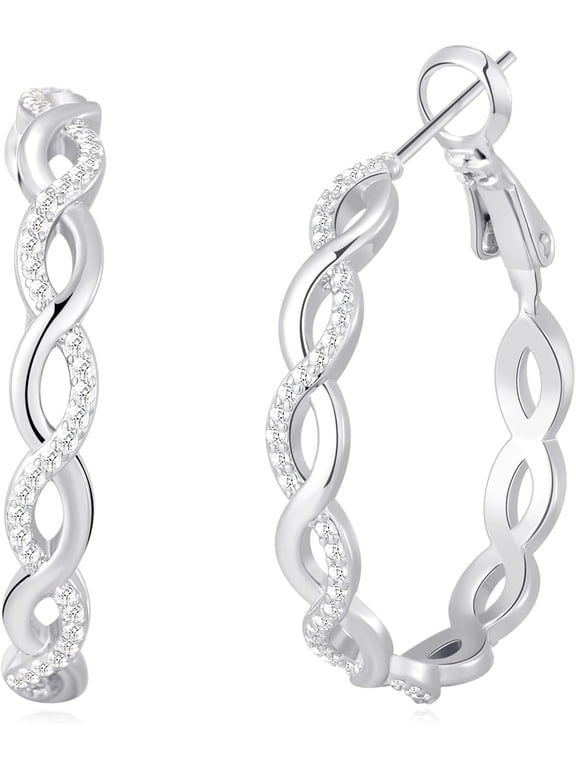 3cm Stainless Steel Twisted Infinity Cubic Zirconia Hoop Earrings, 2 Tones Gold & Silver Huggie Click Hoops Hypoallergenic Jewelry Gift for Women Gi