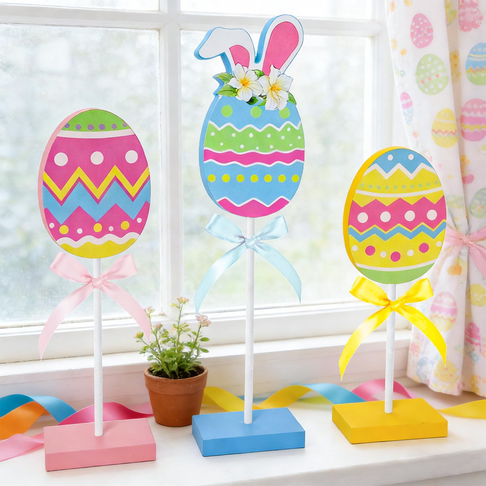 3cs Egg Shaped Wooden Table Centerpiece Signs with Rabbit Ear，Easter ...