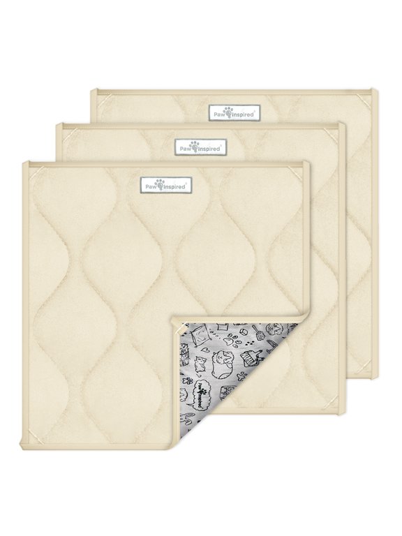 3ct 12x12" Paw Inspired Guinea Pig Cage Liner Pads | Washable Fleece Bedding , Pet Bed Mat for Guinea Pigs, Ferrets, Rabbits, Hamsters, Small Animals |Absorbent Pee Pad with Waterproof Bottom (Tan)