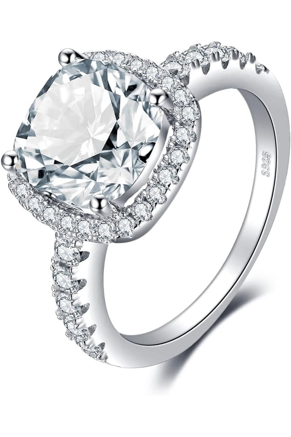 3ct Cushion Cut Halo Engagement Rings for Women, 14K Gold Plated 925 Sterling Silver Cubic Zirconia Love Promise Rings for Her, Anniversary Solitaire CZ Simulated Diamond Ring