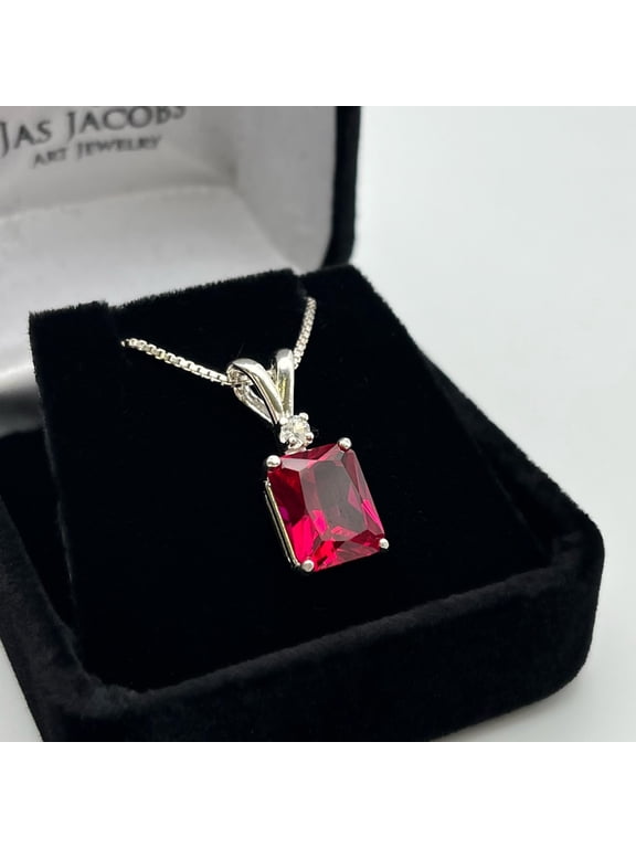 3ct Emerald Cut Ruby Necklace with White Sapphire accent Jewelry Gift July Birthstone