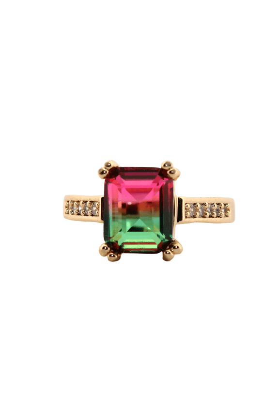 3ct Emerald Red & Green Watermelon Tourmaline Gold Ring, Size 7.5