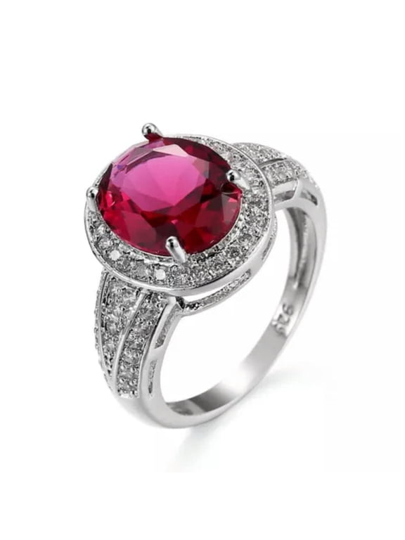 3ct Oval Cut Rose Red AAA CZ Band Women's Engagement 925 Silver Ring Size 6-10