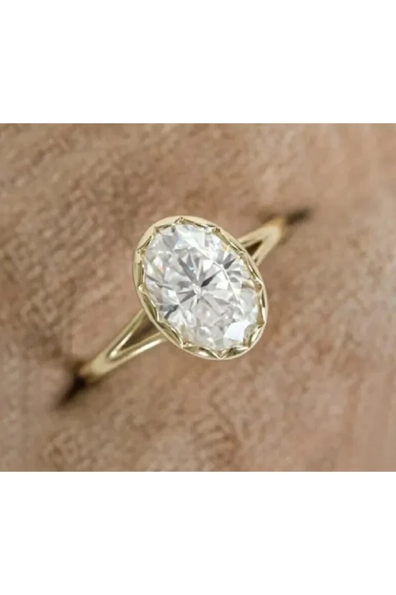 3ct Oval Cut VVS1 Moissanite Bezel Set Engagement Ring 14k Yellow Gold Plated
