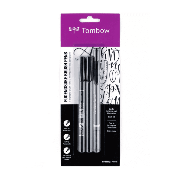 3ct Pen Set Fudenosuke - Tombow: Brush Pens for Calligraphy, Non-Toxic, Black & Gray Ink, 1.8mm Point, Art & Stationery
