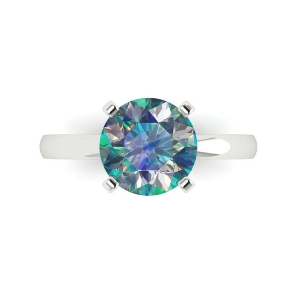 3ct Round Cut Blue Moissanite 18k White Gold Engraving Statement Bridal Wedding Solitaire Designer Ring Size 9