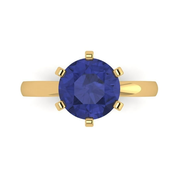 3ct Round Cut Blue Tanzanite 18k Yellow Gold Engraving Statement Bridal Wedding Solitaire Designer Ring Size 3.5