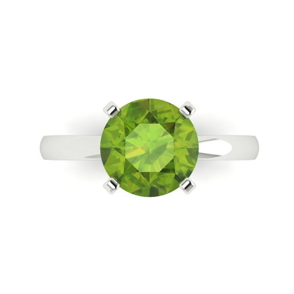 3ct Round Cut Green Natural Peridot 18k White Gold Engraving Statement Bridal Wedding Solitaire Designer Ring Size 4.5