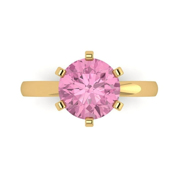 3ct Round Cut Pink Crystal 18k Yellow Gold Engraving Statement Bridal Wedding Solitaire Designer Ring Size 8.5