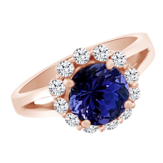 AFFY (3ct) Simulated Blue Tanzanite & White Diamond Halo Split Shank Engagement Ring In 14k Rose Gold With Ring Size 5.5