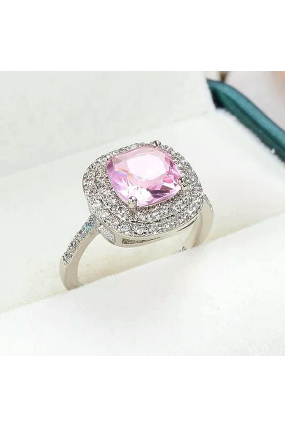 3ct Square Cut Pink Cubic Zircon 925 Silver Women's Double Rowes Ring Size 6-10