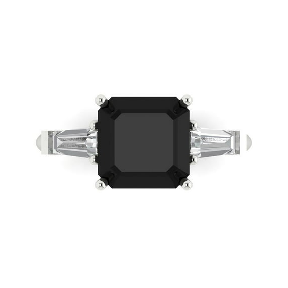 3ct asscher cut black natural onyx 18k white gold engraving statement bridal wedding three-stone Designer Ring size 9