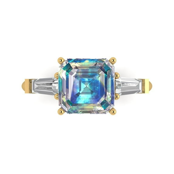 3ct asscher cut blue moissanite 18k yellow gold engraving statement Bridal Wedding three-stone Designer Ring size 5.5