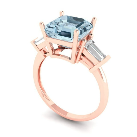 3ct asscher cut blue natural aquamarine 18k rose gold 3 stone Bridal Wedding Engagement Promise Anniversary Ring for Women size 6