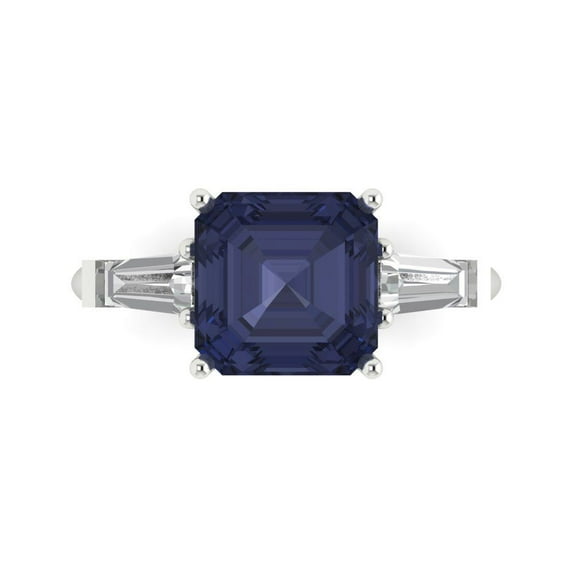 3ct asscher cut blue sapphire 18k white gold engraving statement Bridal Wedding three-stone Designer Ring size 4.5