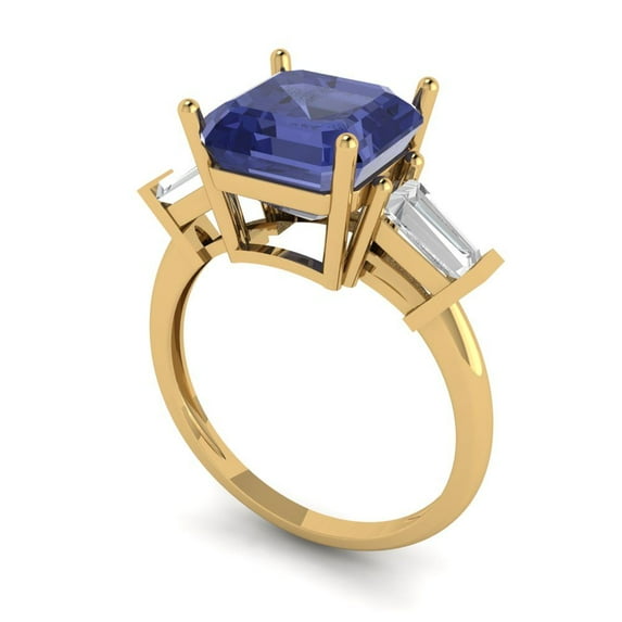 3ct asscher cut blue tanzanite 14k yellow gold 3 stone Bridal Wedding Engagement Promise Anniversary Ring for Women size 10.75