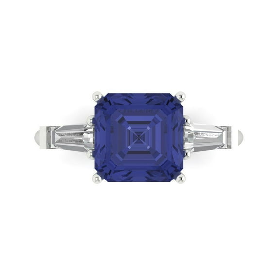 3ct asscher cut blue tanzanite 18k white gold engraving statement Bridal Wedding three-stone Designer Ring size 11