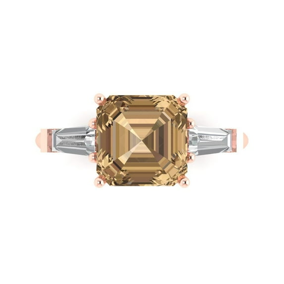 3ct asscher cut brown champagne Crystal 18k rose gold engraving statement Bridal Wedding 3 stone Designer Ring size 9