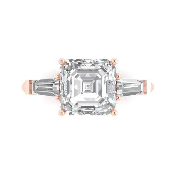 3ct asscher cut clear moissanite 18k pink rose gold engraving statement Bridal Wedding 3 stone Designer Ring size 7.5