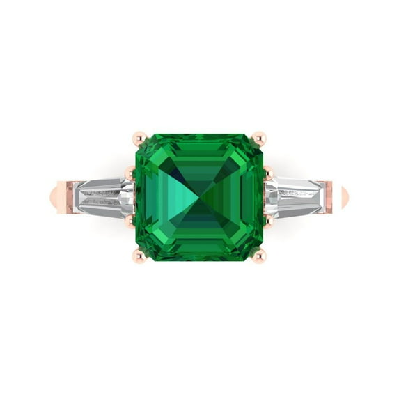 3ct asscher cut green emerald 18k pink rose gold engraving statement Bridal Wedding three-stone Designer Ring size 11