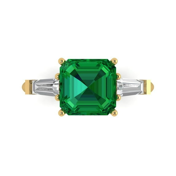 3ct asscher cut green emerald 18k yellow gold engraving statement Bridal Wedding three-stone Designer Ring size 4