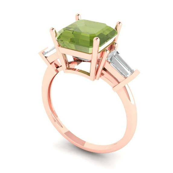3ct asscher cut green natural peridot 18k rose gold 3 stone Bridal Wedding Engagement Promise Anniversary Ring for Women size 8.75