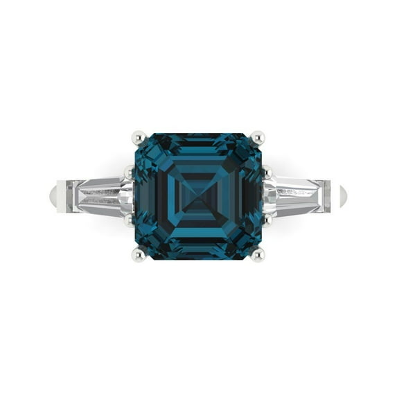 3ct asscher cut natural london blue topaz 18k white gold engraving statement Bridal Wedding three-stone Designer Ring size 7