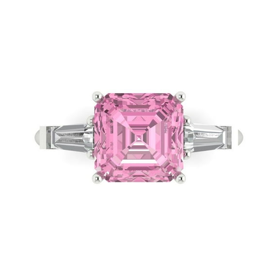 3ct asscher cut pink Crystal 18k white gold engraving statement Bridal Wedding three-stone Designer Ring size 9.5