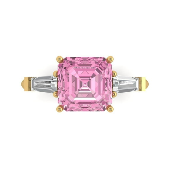 3ct asscher cut pink Crystal 18k yellow gold engraving statement Bridal Wedding three-stone Designer Ring size 3
