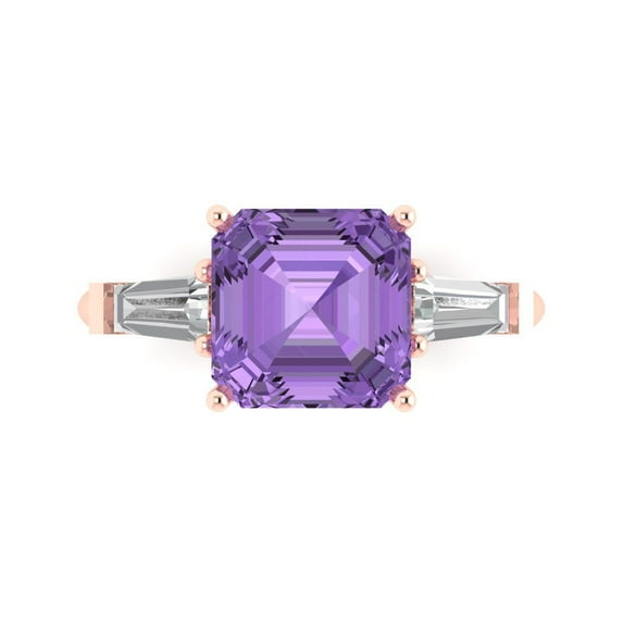 3ct asscher cut purple alexandrite 18k pink rose gold engraving statement Bridal Wedding 3 stone Designer Ring size 9.5