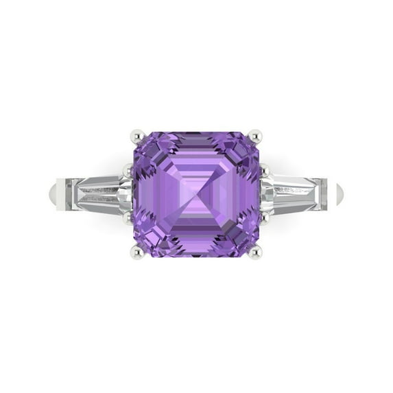 3ct asscher cut purple alexandrite 18k white gold engraving statement Bridal Wedding three-stone Designer Ring size 4.5