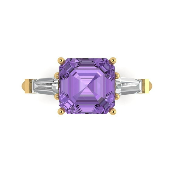 3ct asscher cut purple alexandrite 18k yellow gold engraving statement Bridal Wedding three-stone Designer Ring size 9.5