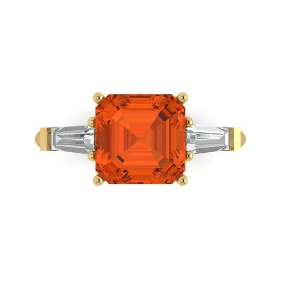 3ct asscher cut red Crystal 14k yellow gold engraving statement Bridal Wedding three-stone Designer Ring size 7.5