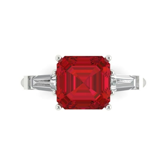 3ct asscher cut red ruby 18k white gold engraving statement bridal wedding three-stone Designer Ring size 6