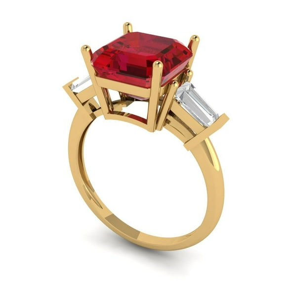 3ct asscher cut red ruby 14k yellow gold 3 stone Bridal Wedding Engagement Promise Anniversary Ring for Women size 6