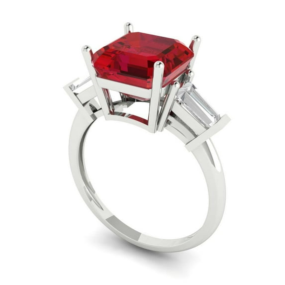 3ct asscher cut red ruby 18k white gold 3 stone Bridal Wedding Engagement Promise Anniversary Ring for Women size 5.25