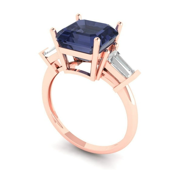 3ct asscher cut blue sapphire 14k rose gold 3 stone Bridal Wedding Engagement Promise Anniversary Ring for Women size 6.25