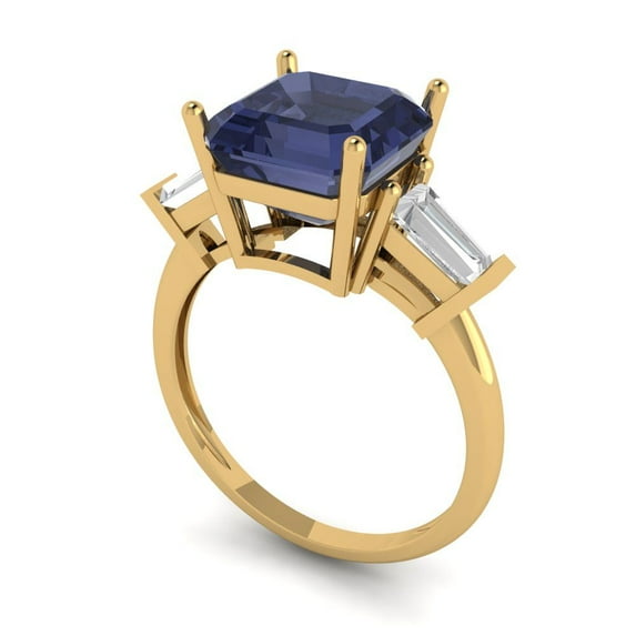 3ct asscher cut blue sapphire 18k yellow gold 3 stone Bridal Wedding Engagement Promise Anniversary Ring for Women size 4.25