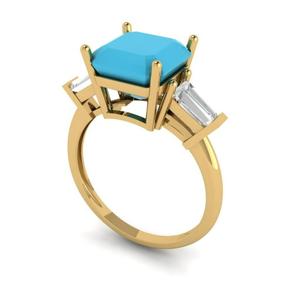 3ct asscher cut turquoise 18k yellow gold 3 stone Bridal Wedding Engagement Promise Anniversary Ring for Women size 10.5