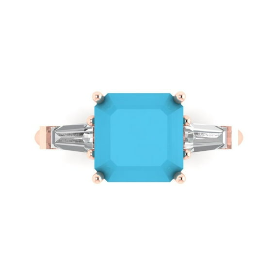 Clara Pucci 14K Rose Gold Solid Gold Turquoise Three-Stone Anniversary Ring for Women - 3 cttw Asscher Cut